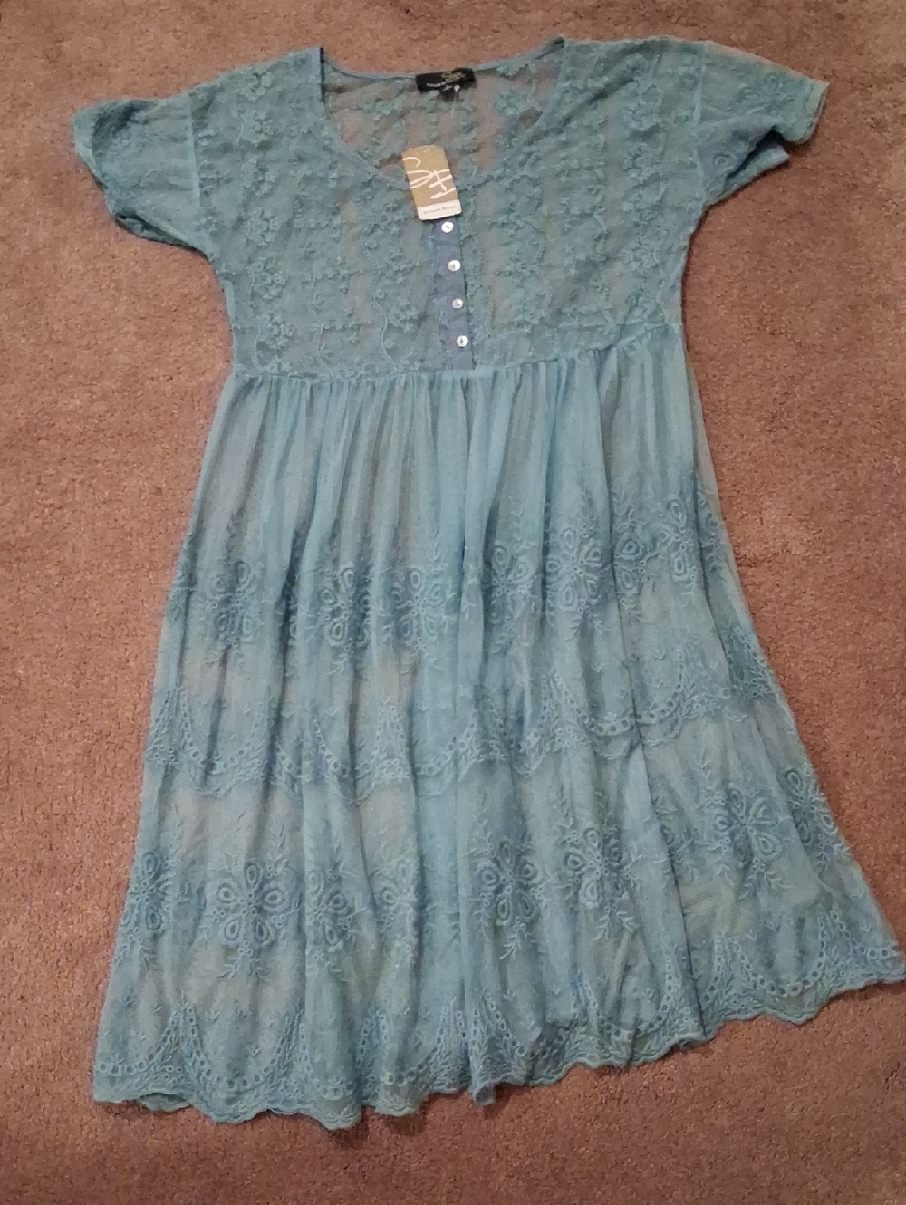 Suzanne Betro Teal Lace Tiered Short-Sleeve Dress